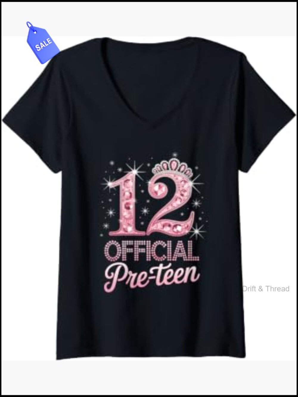 12th Birthday Princess Crown V-Neck Tee for Girl, 100% Cotton